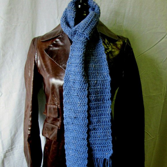 Blue Wool Scarf 74x4 Long Narrow Light Soft Handmade Crochet Knit Men Women NWT - Picture 5 of 7